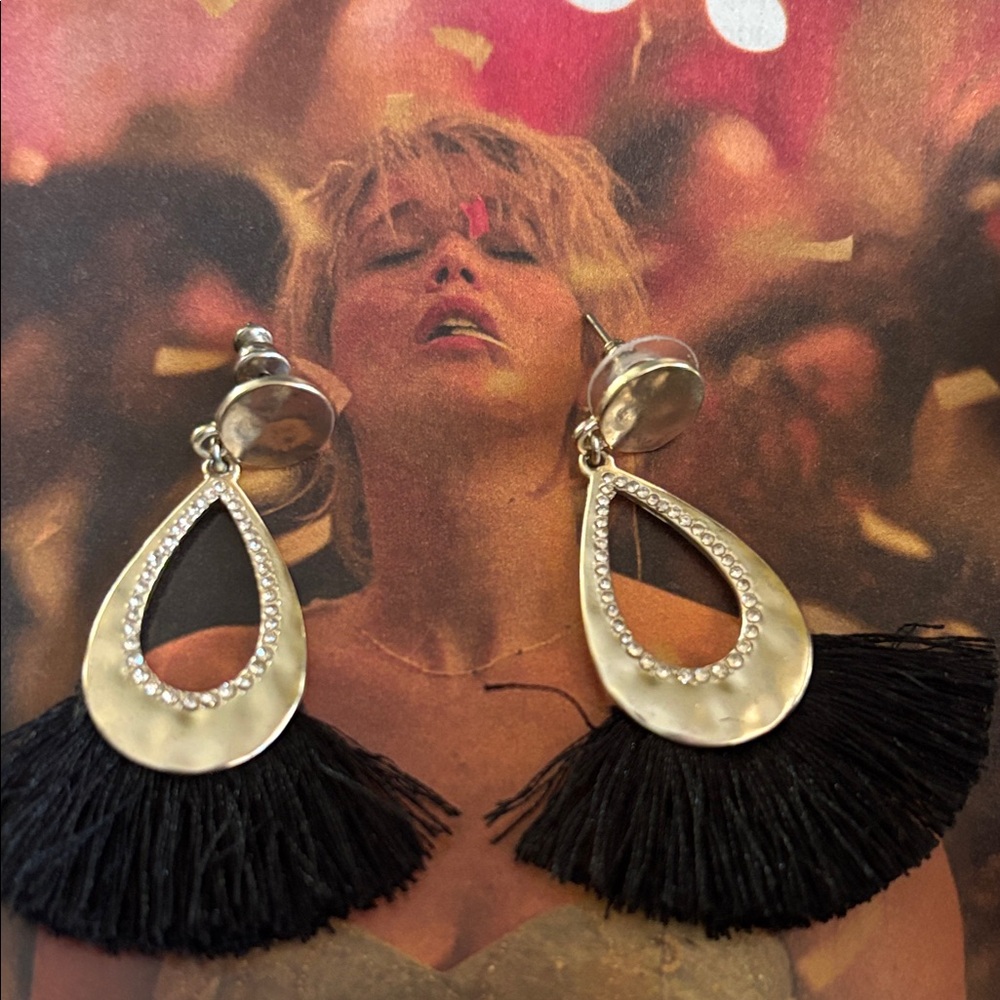 Black and Silver Teardrop Tassel pierced Earrings NWOT